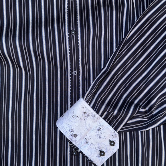 7 Diamonds Men’s Long Sleeve Button-Up Shirt Navy & Light Blue Stripe 100%Cotton - Picture 8 of 12